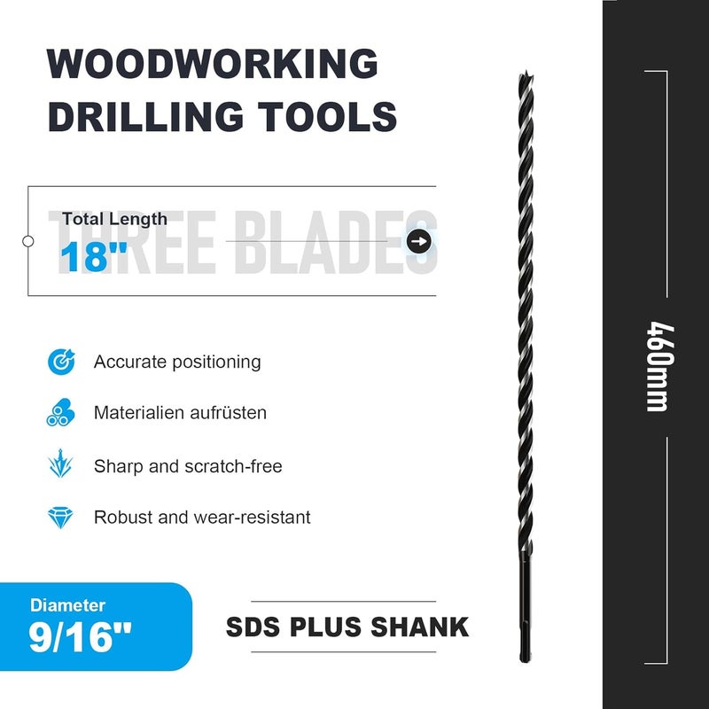 WOBLLMX 9/16" x 18" Auger Drill Bit with SDS Plus Shank for Wood,Tri Flute Ship Auger Long Drill Bit for Soft and Hard Wood,Tree Stump,Plastic,Drywall and Composite Materials - Image 2